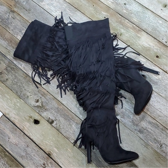 Black 4 Layer Fringe Stiletto Over the Knee Boots Catwalk Sexy 6M NWOT - Picture 7 of 11